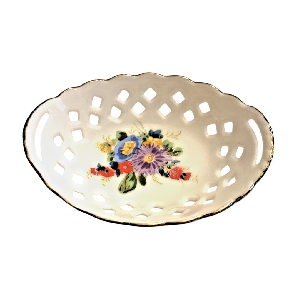 Reutter Porzellan Floral Reticulated Miniature Trinket Dish‎ Germany Gold Trim